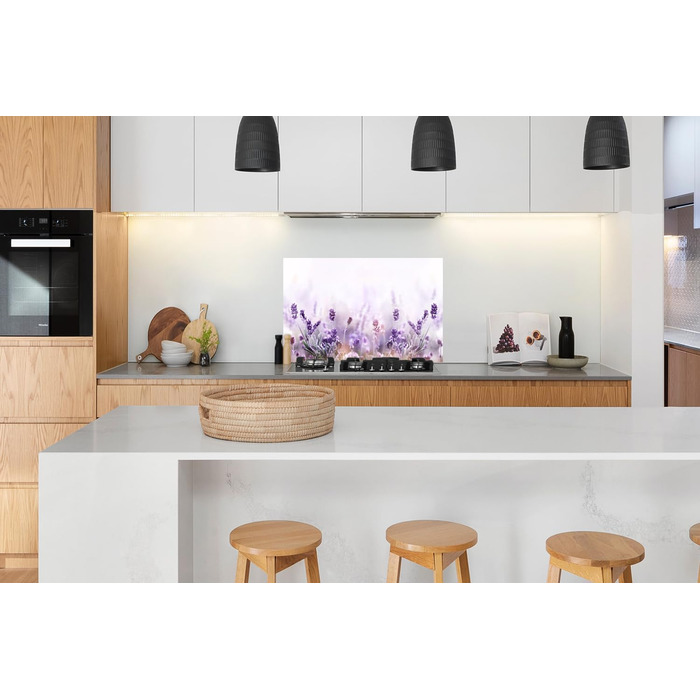 Панель для кухонного фартуха, бризкозахисна панель, декор для кухні, алюмінієва панель, бризкозахисна панель для плити, альтернатива скляній панелі, чорна - з малюнком - суцільна - чорна - темна - (Лавандова, 100x65 см)