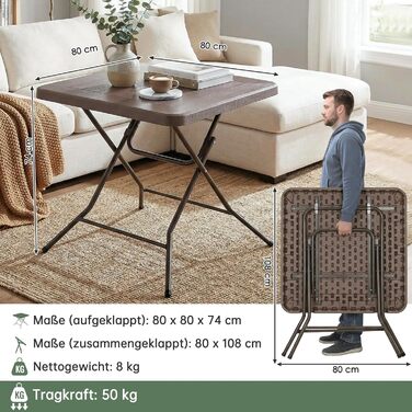 Розкладний стіл 80x80x74 см коричневий LIFERUN