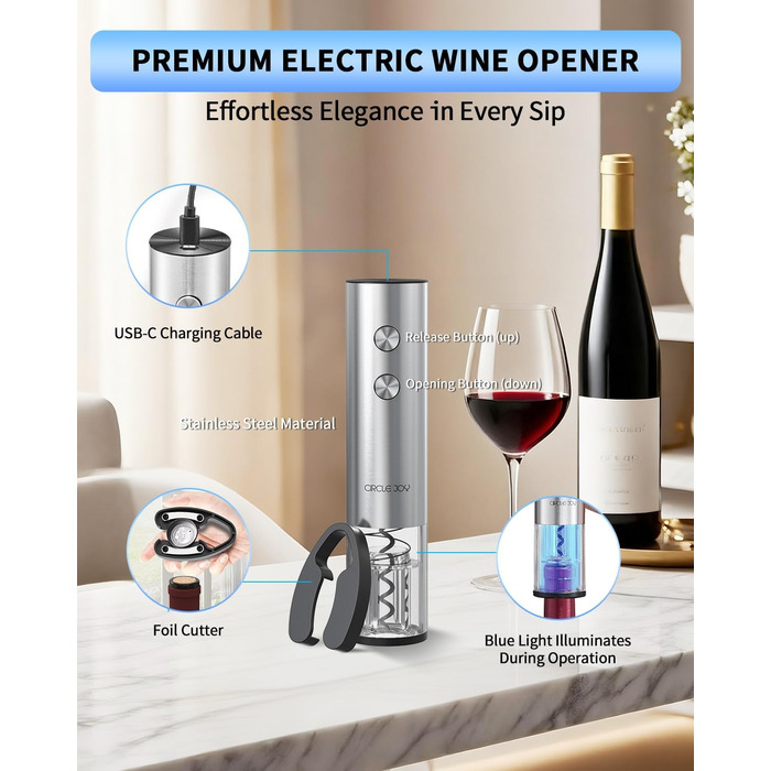 Електричний акумуляторний відкривач для вина з ножем для фольги CIRCLE JOY