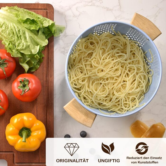 Металеве сито для пасти з дерев&39яною ручкою та стабільною основою, велике кухонне сито 22 см для пасти, овочів та фруктів, міцне кухонне сито (синє)