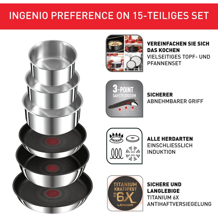 Набір посуду для індукційного приготування Tefal Ingenio Preference On з 15 предметів зі знімною ручкою, що штабелюється, економить місце, з антипригарним покриттям, простий у використанні та чищенні, L97495 Набір посуду для каструль та сковорідок з 15 пр