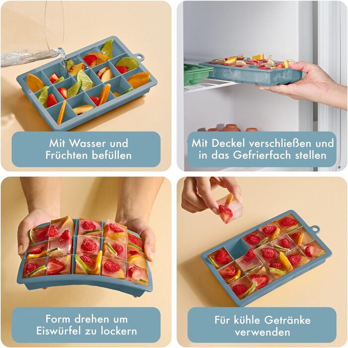 Силіконові формочки для льоду Blumtal, набір з 3 шт. - форма для льоду на 24 кубики з кришкою - силіконова форма для льоду без бісфенолу А - форма для льоду, безпечна для харчових продуктів - сіро-блакитний великі кубики (сіро-блакитний світло-блакитний, 