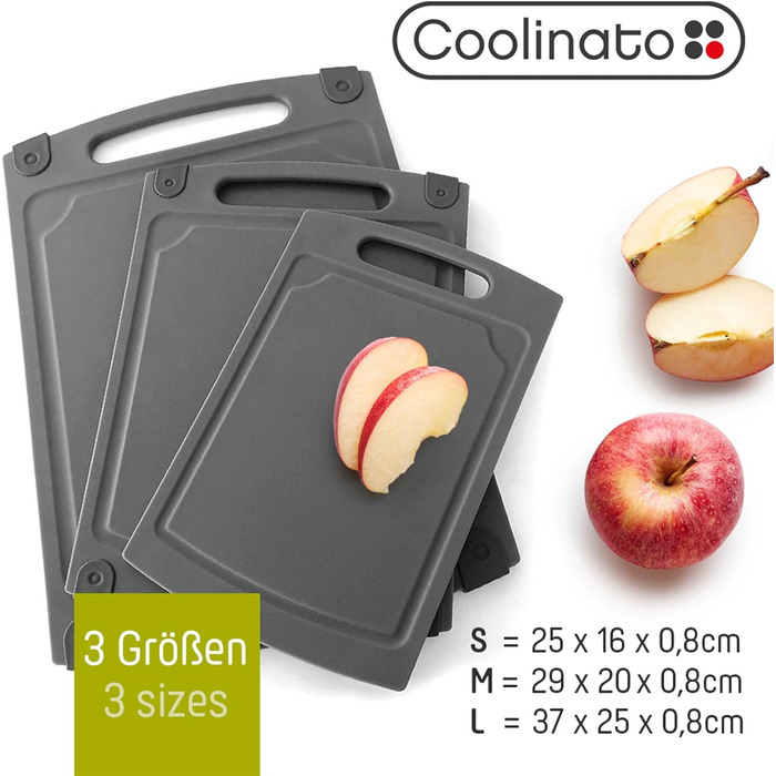 Набір обробних дощок Coolinato, 3 шт., різні розміри, антибактеріальні дошки з жолобком для збору рідини, 3 кольори для гігієнічного розділення продуктів (сірий, розміри S, M та L)