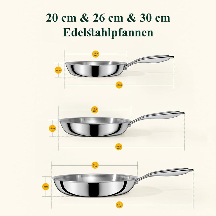 Набір сковорідок з нержавіючої сталі 20/26/30 см Terlulu