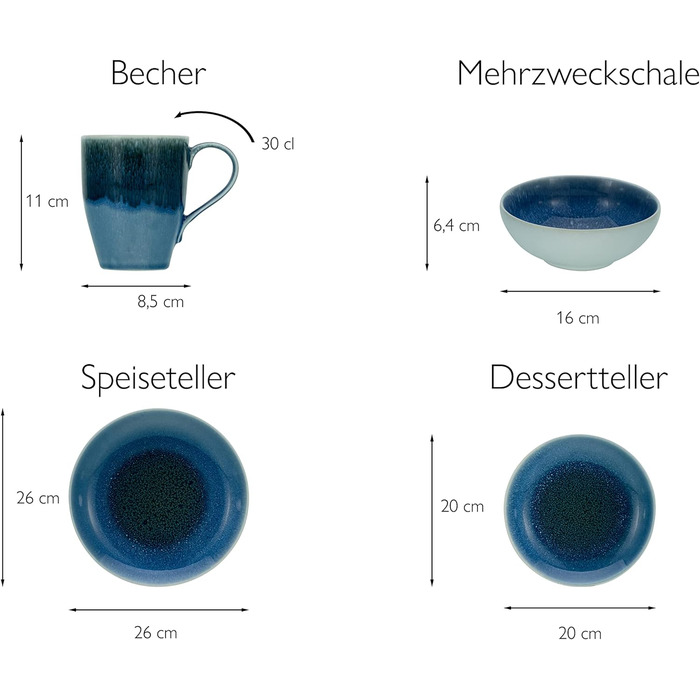 Набір посуду Caldera, комбінований сервіз 8 предметів (синій), 25863