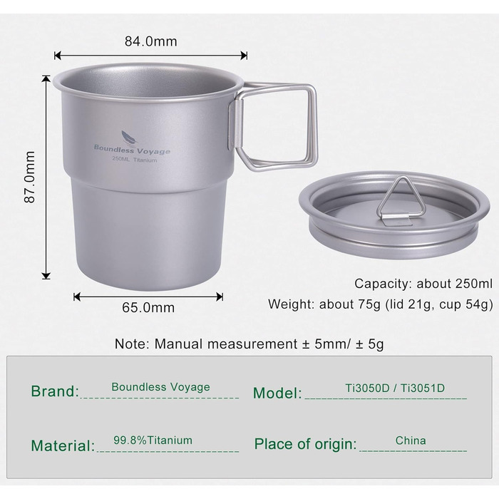 Мл Кемпінгова кружка Відкрита титанова чашка для кави Кружка для води зі складною ручкою Легка портативна європейська штабельована кружка-компаньйон Дорожня кружка Домашній офіс Одношаровий зволожуючий посуд Ti3050D (Ti3051d 250 мл Кружка з кришкою), 250