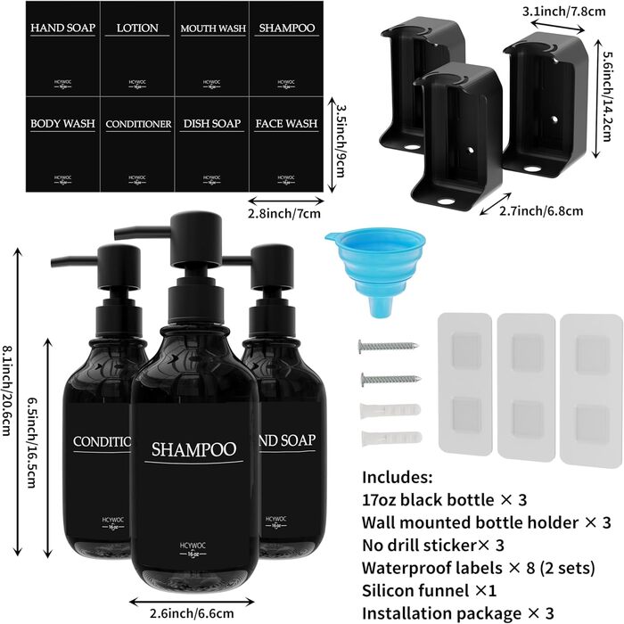 Набір з 3 дозаторів рідкого мила 500 мл з настінним тримачем, чорний колір HCYWOC