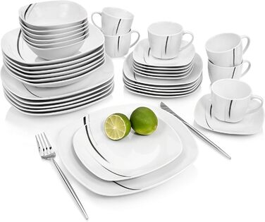 СПІВАЧКА Порцеляновий столовий сервіз Bilgola Black Lines, набір посуду з 18 предметів на 6 персон, набір тарілок, квадрат (сервіз посуду 36 шт.)
