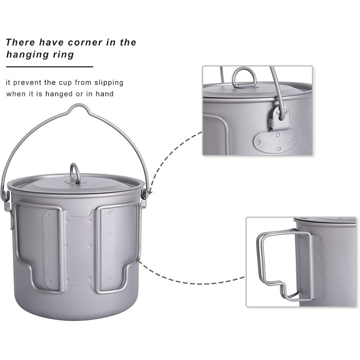 Титановый горшок Походная кружка 750 мл / 900 мл / 1100 мл / 1250 мл Подвесной горшок Легкая посуда Портативная кружка для чая и кофе с крышкой и складной ручкой Посуда для питья для пикника на открытом воздухе (Ti3041D-1100 мл Подвесной горшок)