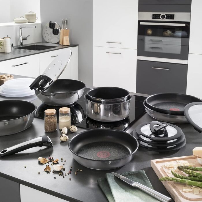 Набір посуду для індукційного приготування Tefal Ingenio Preference On з 15 предметів, зі знімною ручкою, що штабелюється, економить місце, з антипригарним покриттям, простий у використанні та чищенні, L97495 Набір посуду для каструль та сковорідок (набір
