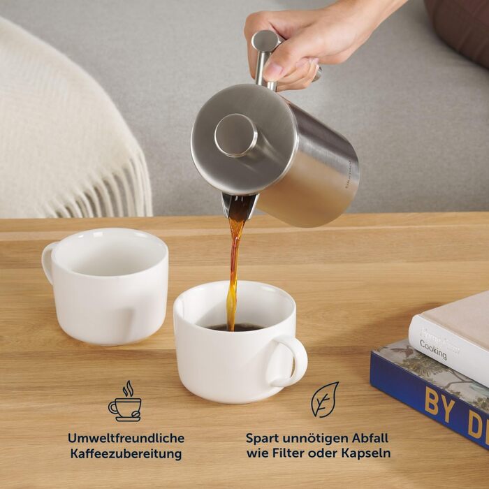 Френч-прес Blumtal з нержавіючої сталі 350 мл (2 чашки) - Двостінна ізольована термокавоварка з мірною шкалою, включаючи змінний фільтр та інструкцію, можна мити в посудомийній машині, доступна в 3 розмірах (кава 600 мл)