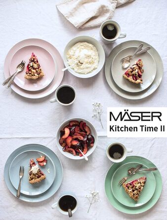 Набір посуду MSER 931566 Kitchen Time II на 4 персони, 16 шт. комбі-сервіз з тонким візерунком, порцеляна (зелений)