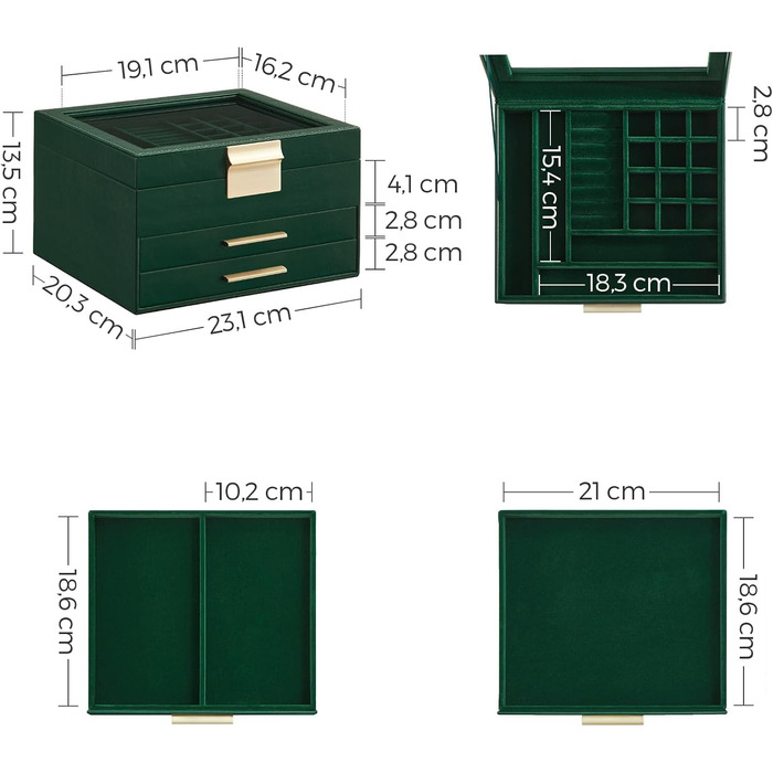 Скринька органайзер для ювелірних виробів 3-рівнева темно-зелений SONGMICS