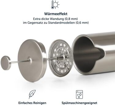 Френч-прес Blumtal з нержавіючої сталі 350 мл (2 чашки) - Двостінна ізольована термокавоварка з мірною шкалою, включаючи змінний фільтр та інструкцію, можна мити в посудомийній машині, доступна в 3 розмірах. Місткість кави 350 мл