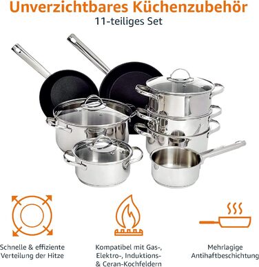 Набір посуду Kitchen-Profi Basics з 11 предметів з нержавіючої сталі, безпечний для індукції, з кришками, сріблястий