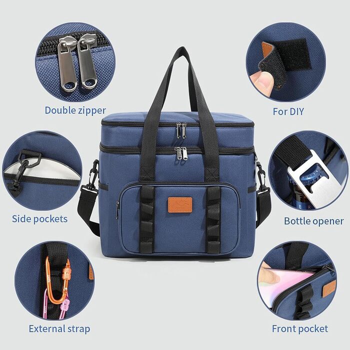 Водонепроникна термосумка для пікніка для кемпінгу, походів на пляж, регульований ремінь, містке відділення-холодильник, конструкція для зберігання, ізольовані продукти для використання на свіжому повітрі (синя)