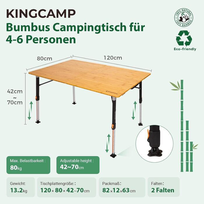 Складний бамбуковий стіл для кемпінгу 120 x 80 см KingCamp