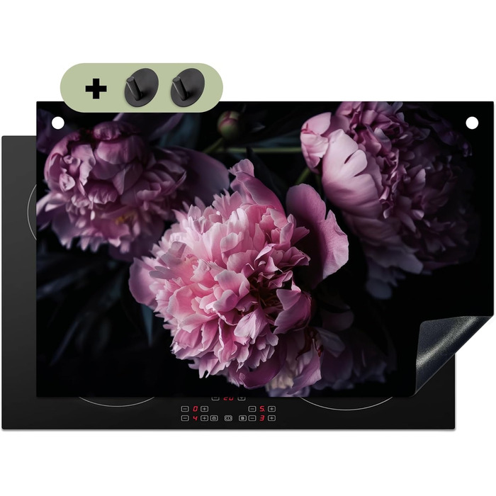 Фартух для плити, кухонний фартух, вініл, 78x52 см, декор для кухні, облицювання стіни, кришка для плити - сіро-чорна (квіти - рожеві, 52Д x 81,2Ш см)