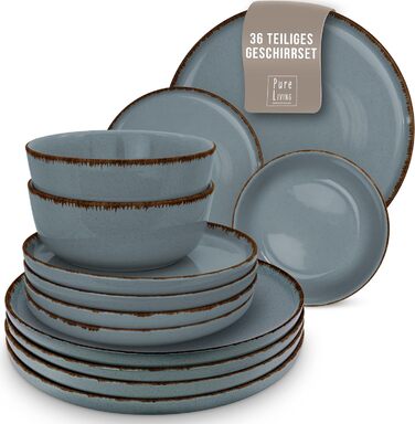 Набір посуду з керамограніту 6 персон Рустик 24 шт. - Набір посуду в сільському стилі, можна мити в посудомийній машині - Набір мисок і тарілок - Чистий живий посуд (набір з 36 предметів, димчастий синій)