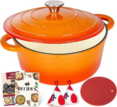 Чавунна форма для запікання Overmont Enamel - 26 см, придатна для використання в духовці, з кришкою та кулінарною книгою - для випікання, тушкування, запікання, білого кремового кольору (26 см-5,2 л, помаранчевий)