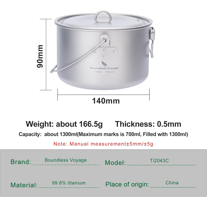 Титановый горшок 1,3 л / 1,95 л / 2,9 л Кемпинг Подвесной горшок Суп Горшок с крышкой Уличная посуда Легкая чаша чайника Походная кухонная утварь Портативная посуда Кухонный набор для 1-4 человек Ti2043C-1300 мл Горшок