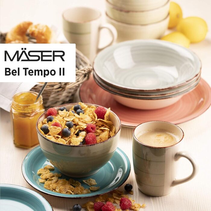Набір тарілок MSER Bel Tempo II на 6 осіб у сучасному вінтажному стилі, сервіз із 12 предметів, ручний розпис, керамограніт (бірюзовий)