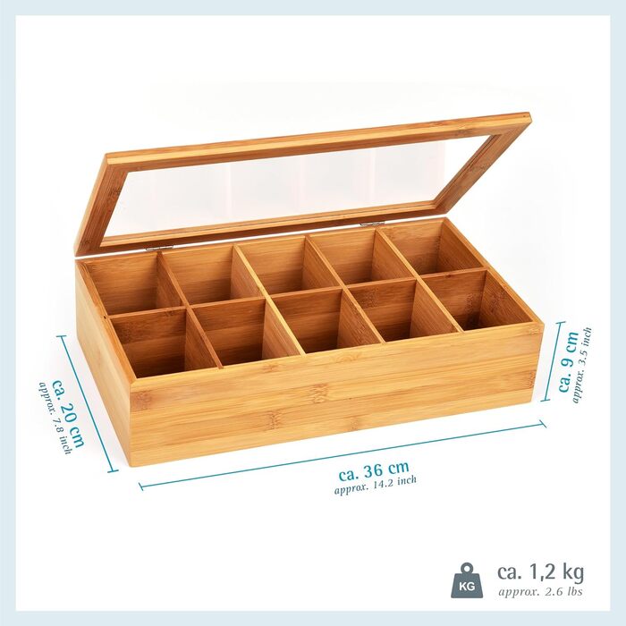 Бамбукова чайна коробка GRWE з 10 відділеннями, кришкою на петлях, оглядовим віконцем, коробка для чайних пакетиків для зберігання чаю з захистом від аромату - 36 x 20 x 9 см Бамбук, велика - 10 відділень