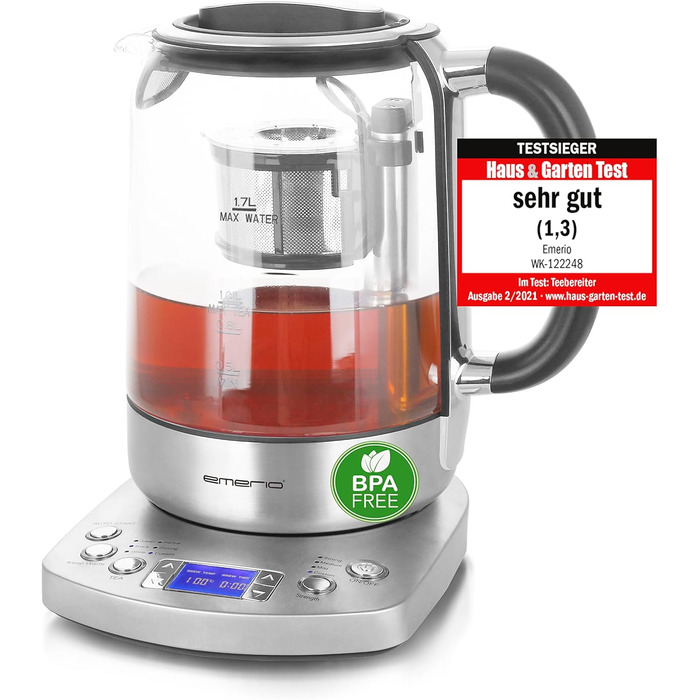 Скляний чайник Emerio WK-122248 ПЕРЕМОЖЕЦЬ ТЕСТІВ з повністю автоматичним чайним ситечком 1.3 класу, автоматичне опускання, боросилікатне скло, без BPA, об&39єм 1.7 л, вибір температури, 2200 Вт, чорний/срібний