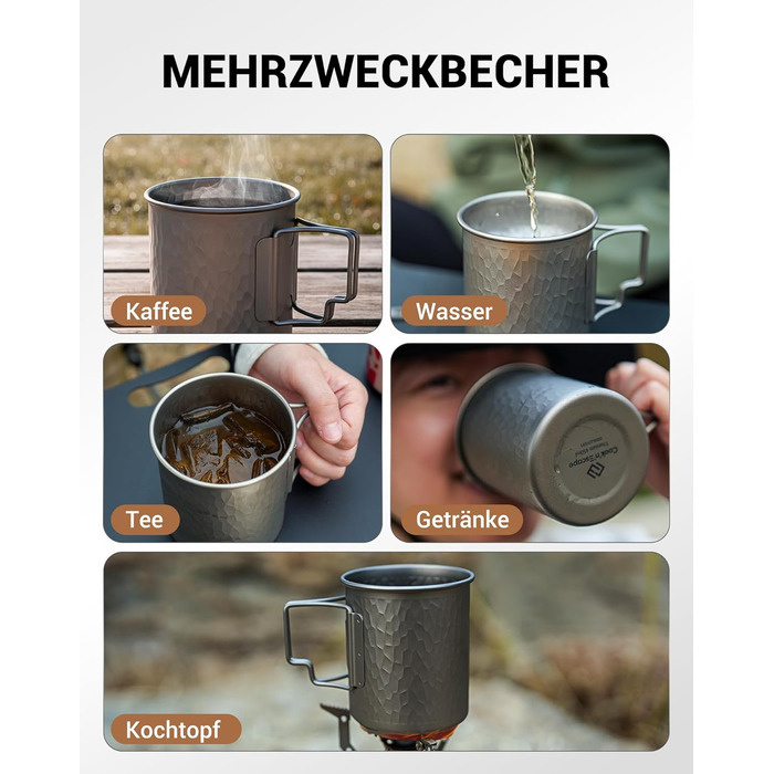 Туристическая кружка из титана с крышкой и складной ручкой 450 мл COOK'N'ESCAPE