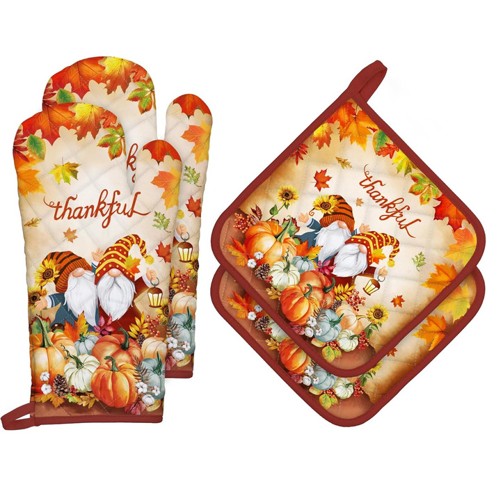 Набір з 2 кухонних рукавичок та тримача для каструлі Arquiel Gnome Autumn Orange Checked, 100 бавовняні кулінарні рукавички, термостійкі кухонні рукавички для приготування їжі, осінній декор, подарунки для жінок (осінній гном, духовка тримач для каструлі)