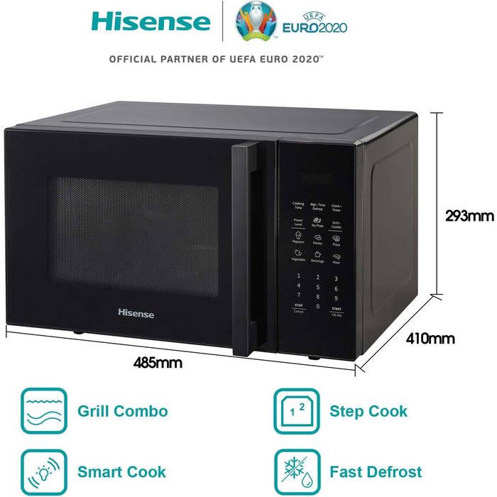 Мікрохвильова піч Hisense H20MOBP1HI / 700 Вт / InverterTech / Керамічне покриття / Преміальне скло / Виготовлена на замовлення, багатофазне приготування / Функція розморожування / 5 рівнів потужності / Блокування від дітей / Чорна (23 л, цифрове керуванн