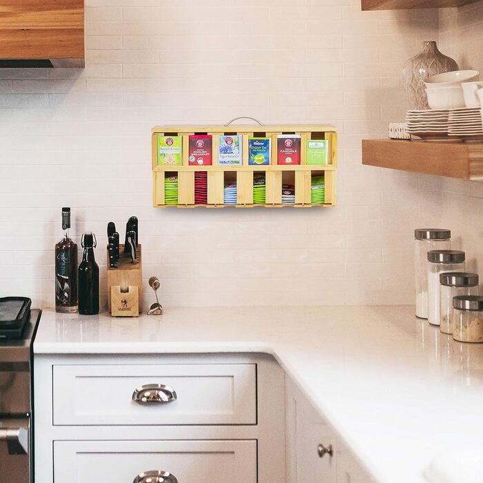 Дерев'яна чайна коробка ONVAYA Чайна коробка з 6 відділеннями Коробка для чайних пакетиків приблизно на 200 Коробка для зберігання чаю Диспенсер для бамбукових чайних пакетиків Органайзер для чайних пакетиків