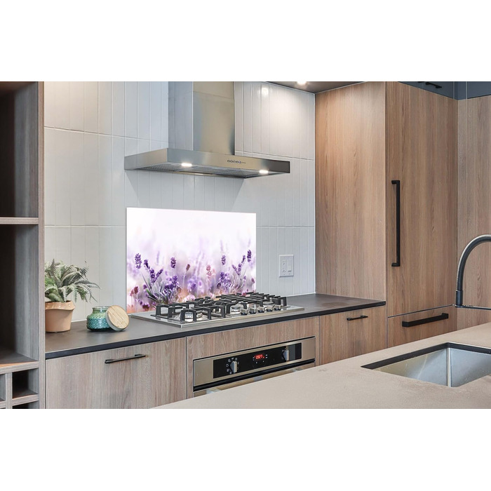 Панель для кухонного фартуха, бризкозахисна панель, декор для кухні, алюмінієва панель, бризкозахисна панель для плити, альтернатива скляній панелі, чорна - з малюнком - суцільна - чорна - темна - (Лавандова, 100x65 см)