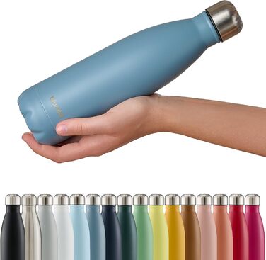 Пляшка для води Blumtal з нержавіючої сталі - Герметична ізольована пляшка - Пляшка для води без бісфенолу А для гарячих та холодних напоїв - Двостінна ізольована пляшка - Ізоляційна пляшка, стійка до іржі, дерево/срібло (05 - Голубиний сірий - Сіро-блаки