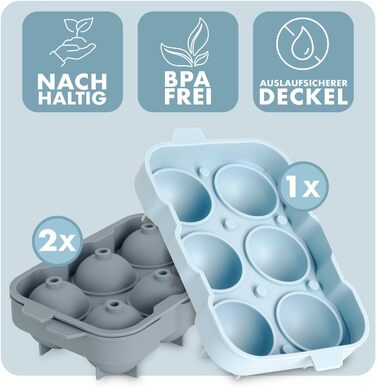 Силіконові формочки для льоду Blumtal, набір з 3 шт. - форма для льоду на 24 кубики з кришкою - силіконова форма для льоду без бісфенолу А - форма для льоду, безпечна для харчових продуктів - сіро-блакитний великі кубики (сіро-блакитний світло-блакитний, 