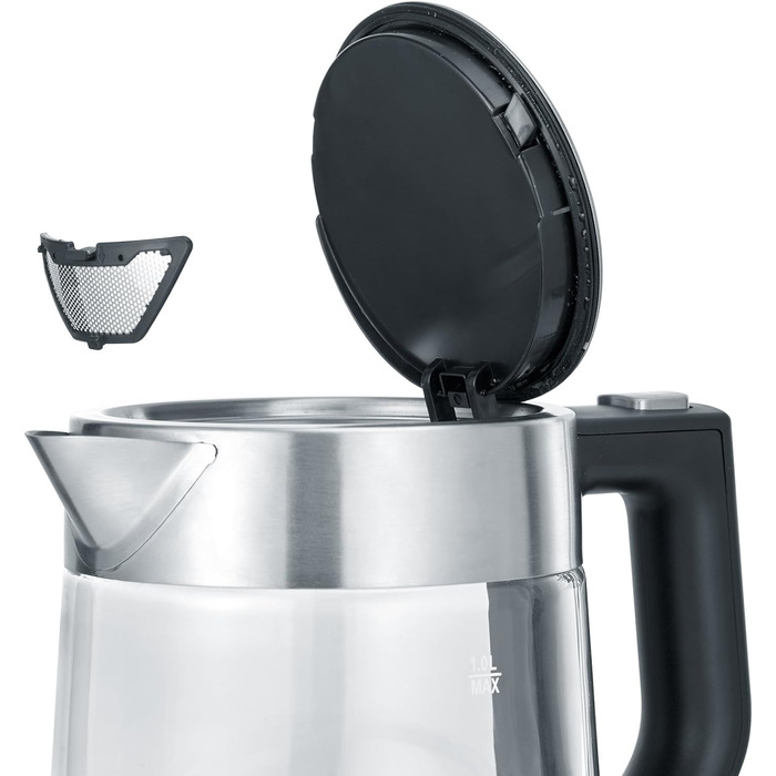 Стеклянный чайник, мощный и компактный чайник в высококачественном дизайне, электрочайник с известковым фильтром, нержавеющая сталь/черный, WK 3468, чайник на 1 литр