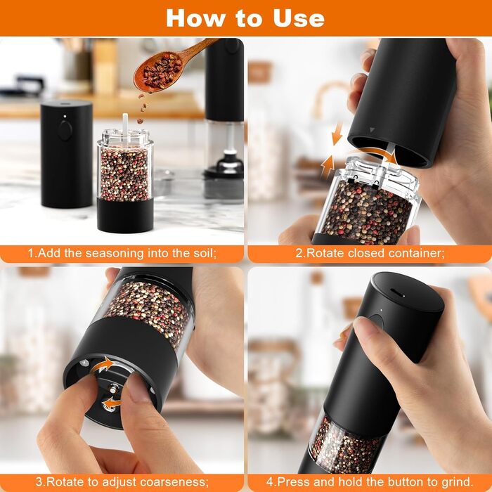 Набір із 2 електричних млинів солі та перцю на підставці, з USB-акумулятором, чорний Cokunst