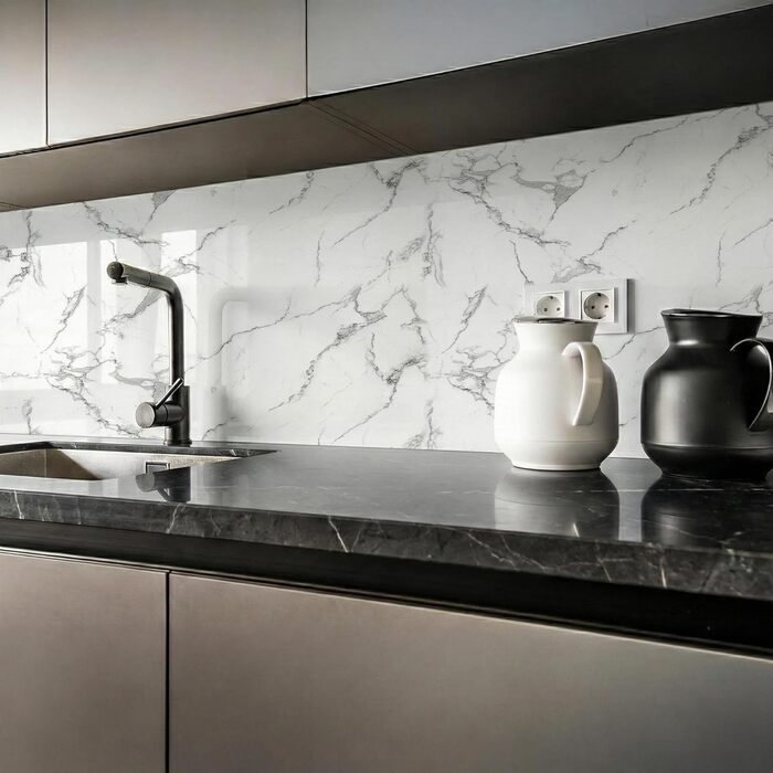 Стінові панелі IZODEKOR під мармур 60x120 см Панель для кухонного фартуха ПВХ-облицювання стін для кухні, ванної кімнати Бризкозахисний екран для кухні Водонепроникний та термостійкий (4 панелі 4 монтажних клею, Carrara)