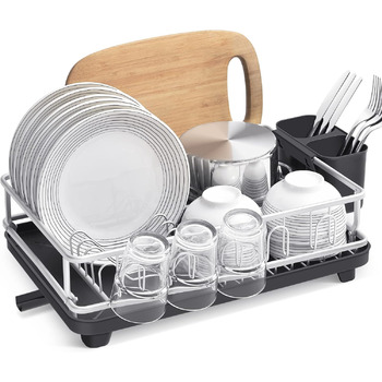 Сушарка APEXCHASER, алюмінієва підставка для посуду, сушарка для посуду проти іржі, стійка для посуду зі знімним тримачем для столових приборів, 10 підстаканників, тримач посуду, поворотний піддон для крапель для кухні
