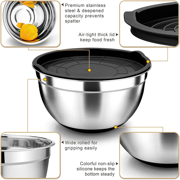 Миски для смешивания с герметичными крышками, набор из 4 шт., Миски для раскладки из нержавеющей стали с подходящими крышками и нескользящим силиконовым дном, Размер 4, 7, 3.5, 1.5, 4 шт. Большие металлические миски для смешивания, черные