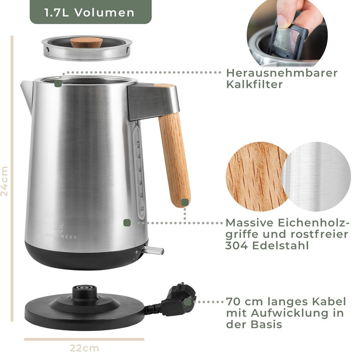 Электрочайник 3000 Вт из нержавеющей стали с деревянной ручкой WALDWERK