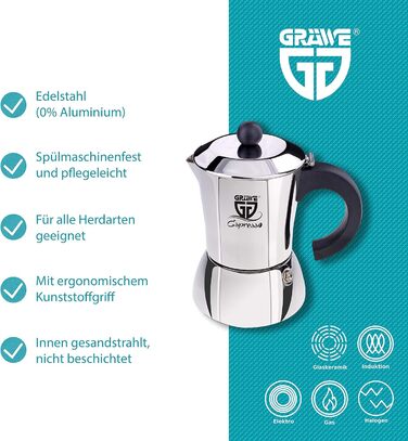 Кофеварка эспрессо 200 мл на 4 чашки, нержавеющая сталь GRÄWE