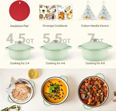 Чавунна форма для запікання Overmont Enamel - 26 см, придатна для використання в духовці, з кришкою та кулінарною книгою - для випікання, тушкування, запікання, білого кремового кольору (26 см-5,2 л, кольору бобів)