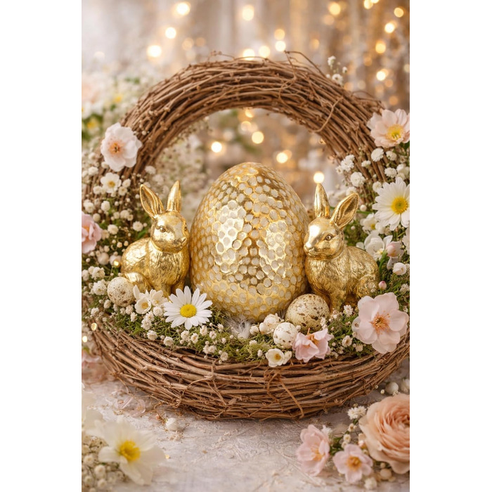 Декоративне пасхальне яйце, Прикраса столу, Прикраса саду, Пасхальна прикраса, Пасхальна фігурка, Весняна прикраса, Пасхальне яйце, Яйця, Пасхальна прикраса, Прикраса для вінків, Пасхальні вінки, Квіти, Весняна прикраса, Золото, Набір з 2 шт.