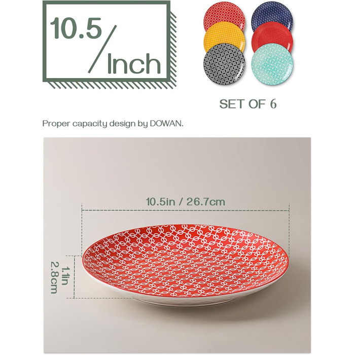 Набір з 6 обідніх тарілок 26,7 см, різнокольорові Dowan