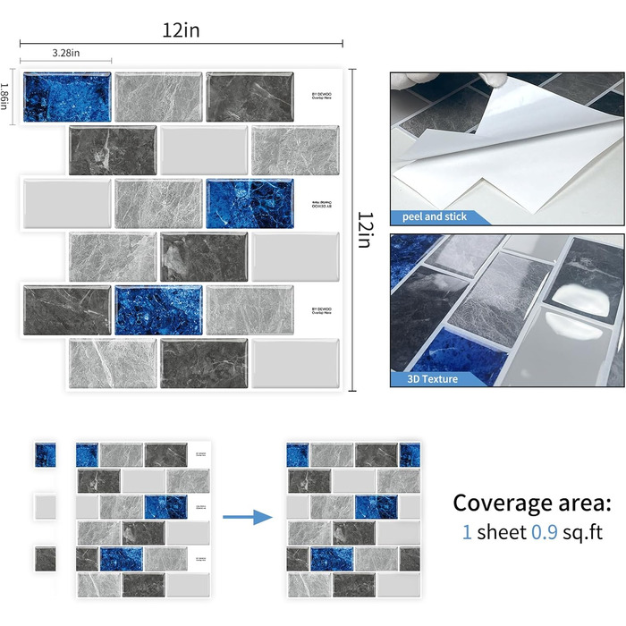Мозаїчна плитка DEWOO 3D, наклейки на стіну, клейка плитка Metro, самоклеюча імітація плитки для кухні та ванної кімнати - штука, (30,5 x 30,5 см) (10, мармурово-синій)