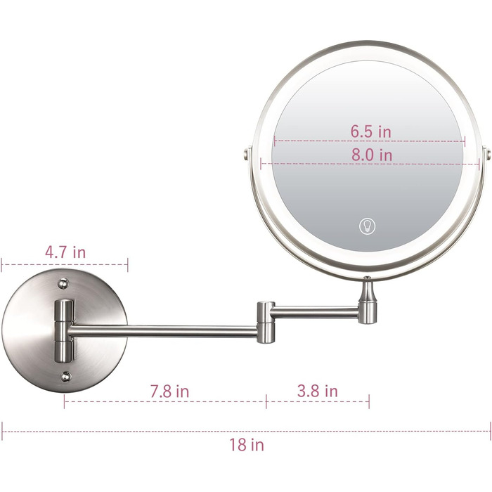 Зеркало косметическое 20 см настенное с подсветкой и 10-кратным увеличением, никель Vialex