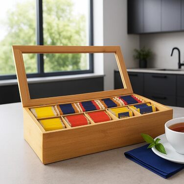 Бамбукова чайна коробка GRWE з 10 відділеннями, кришкою на петлях, оглядовим віконцем, коробка для чайних пакетиків для зберігання чаю з захистом від аромату - 36 x 20 x 9 см Бамбук, велика - 10 відділень