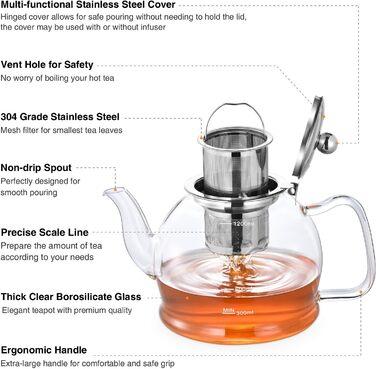 Чайник заварювальний скляний 1,2 л з фільтром для чаю STNTUS
