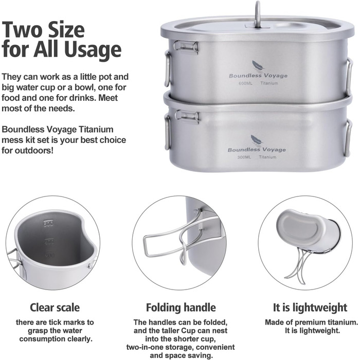 Титановий посуд для кемпінгу 300 та 600 мл iBasingo